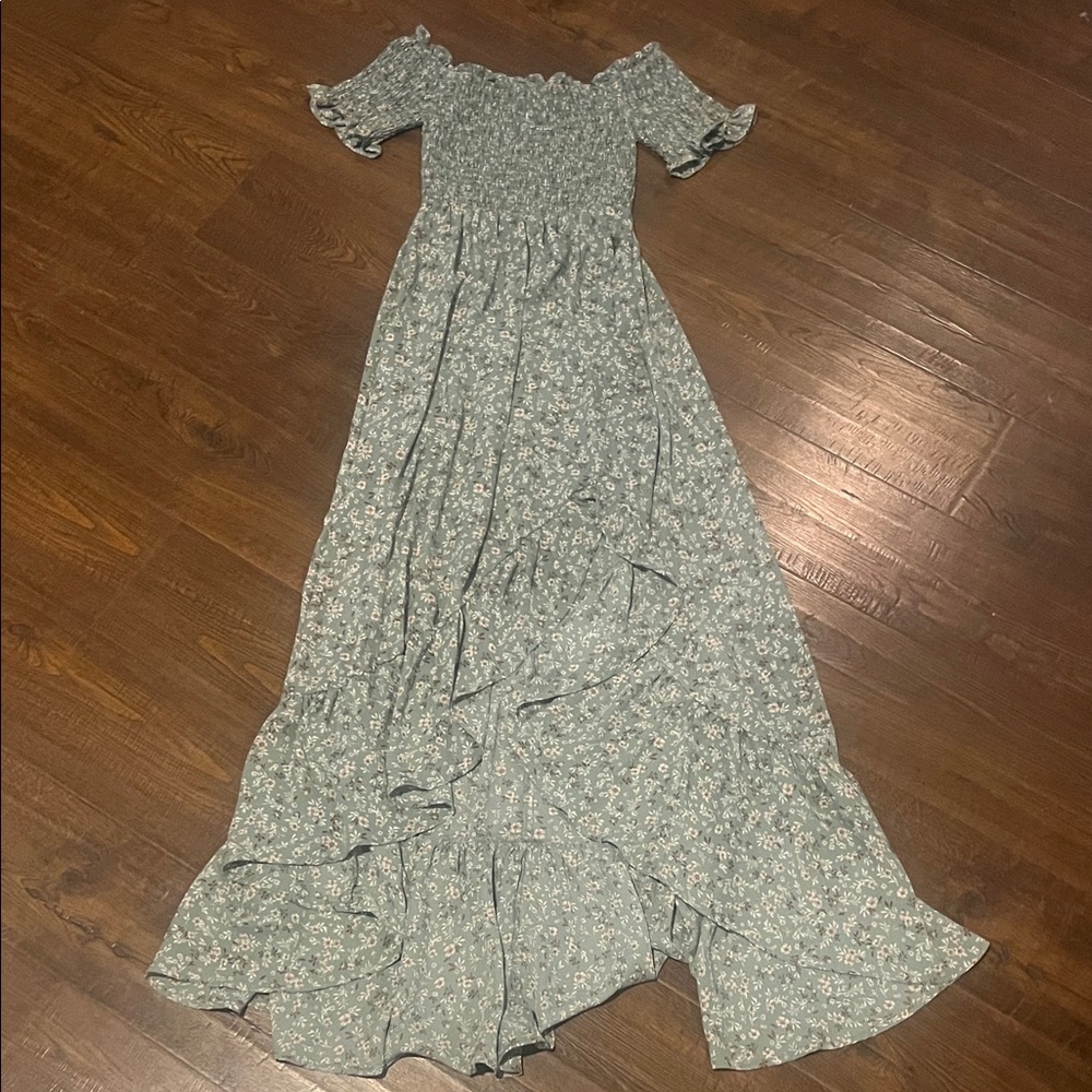 Francesca’s Floral Green High Slit Maxi Dress XS